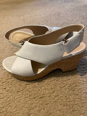 Clarks White Leather Slingback Cork Wedge Sandals